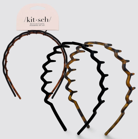 Kitsch Recycled Plastic Zig Zag Headband 2pc Black & Tort