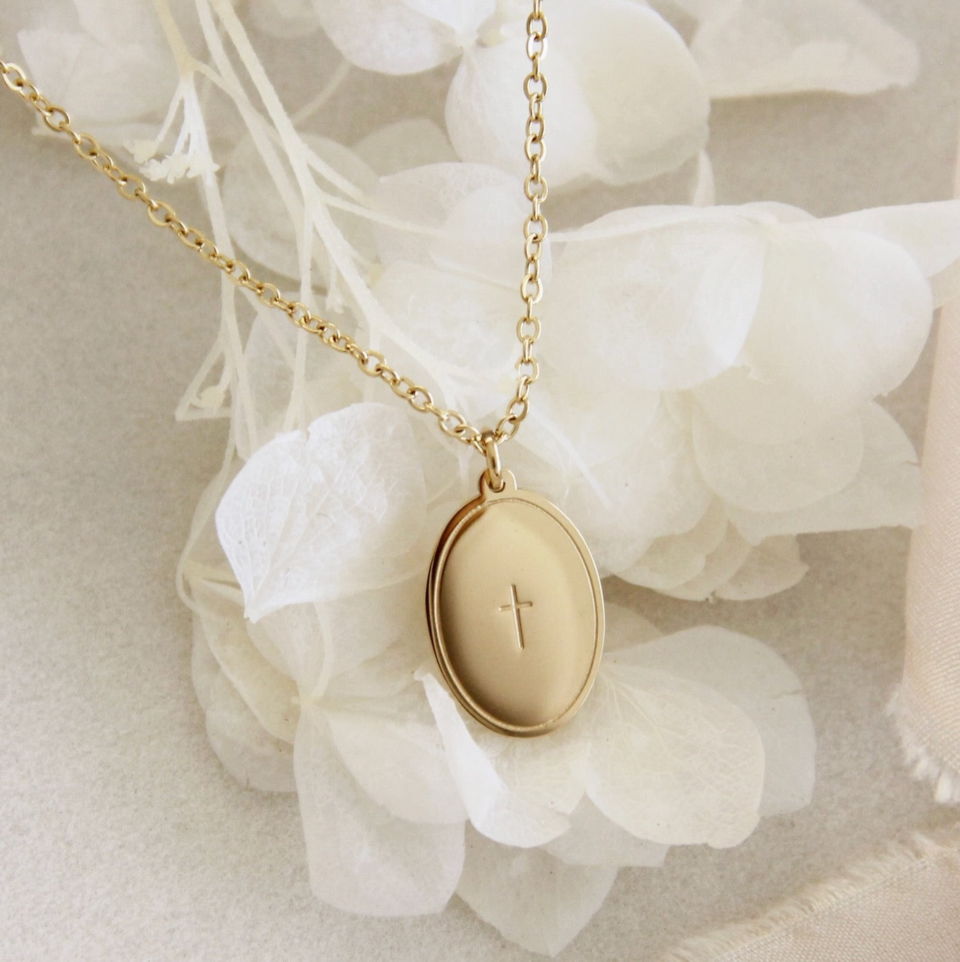 LoveStory Cross + Olive Brand Peace Gold Necklace
