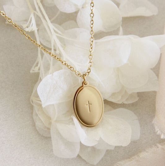 LoveStory Cross + Olive Brand Peace Gold Necklace
