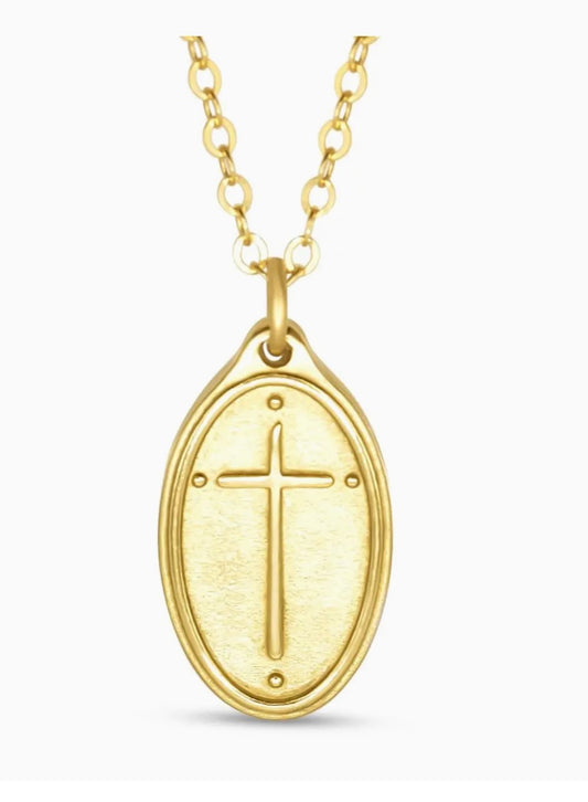 Madison Sterling Romans 5:8 Gold Cross Oval Pendant Necklace